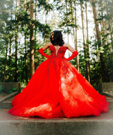 Hot Red Sweetheart Tulle Appliques V-neck Puffy Ball Prom Dress